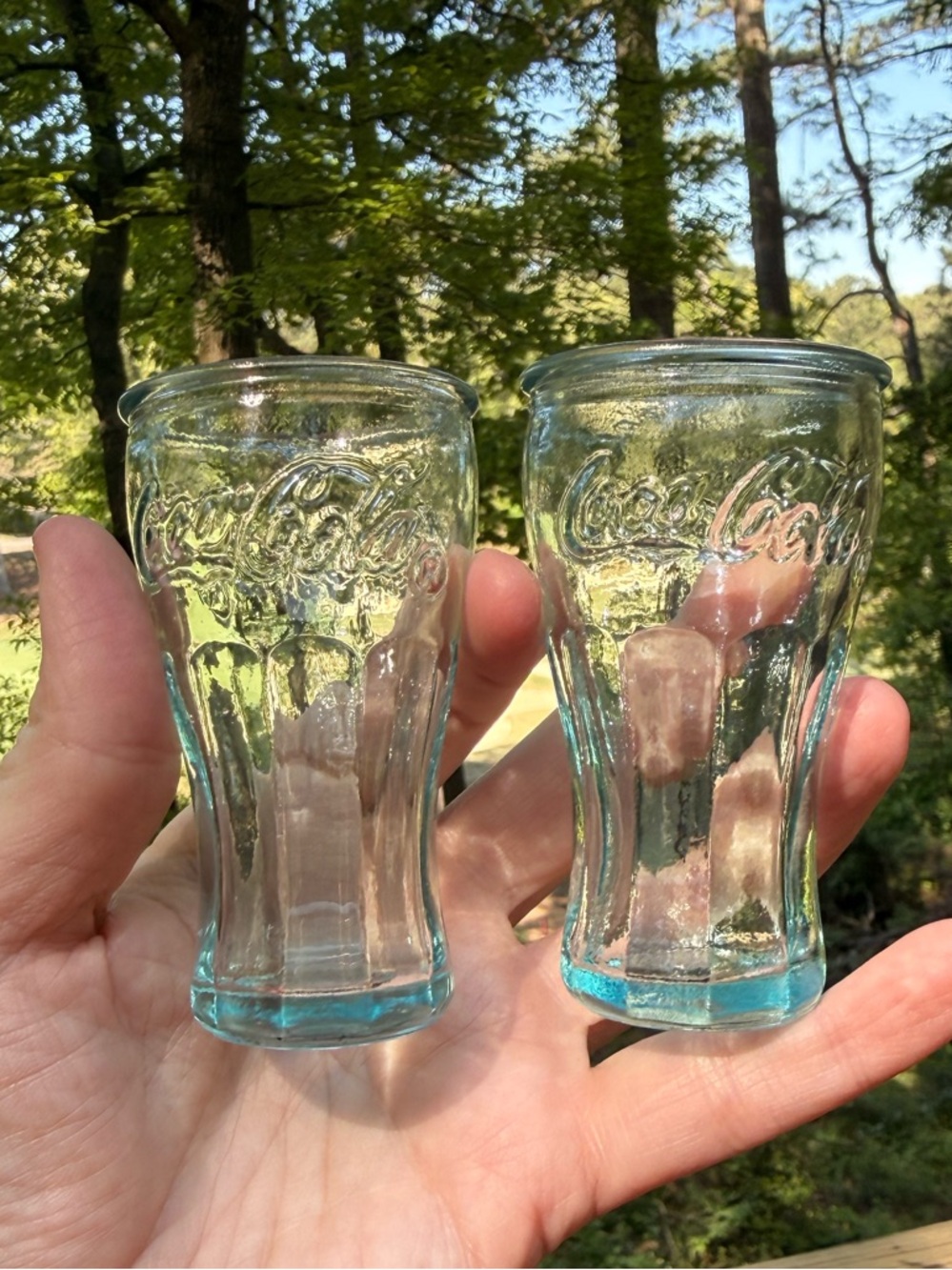 Coca Cola Light Aqua Embossed Shot Glasses Made w/Recycled Glass - Set of 2